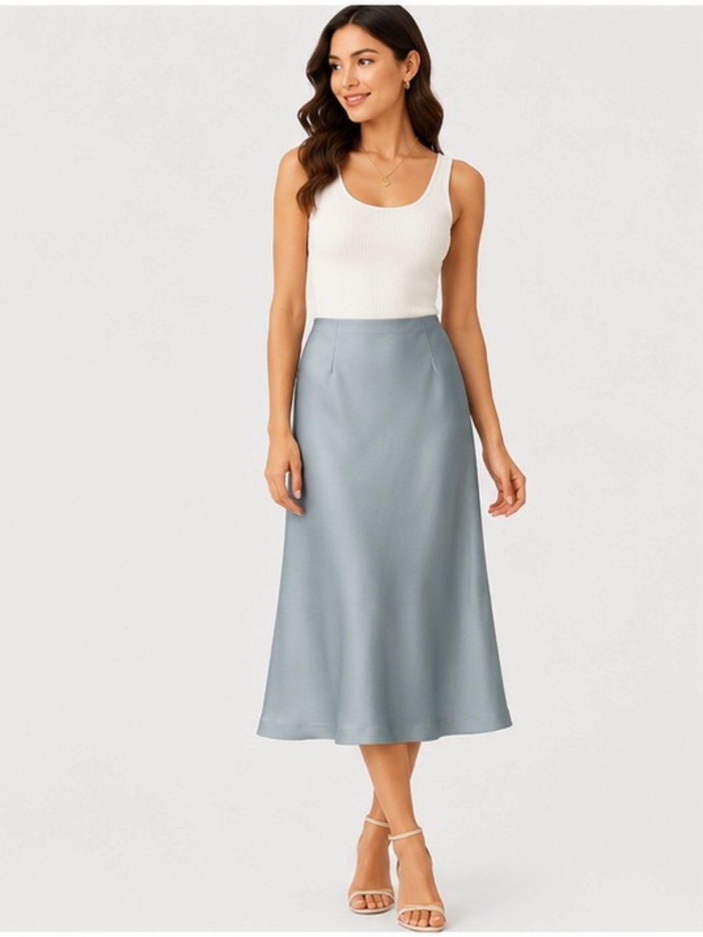 Modern Citizen Satin Slip Midi Skirt Sage Green Small Bias Cut
